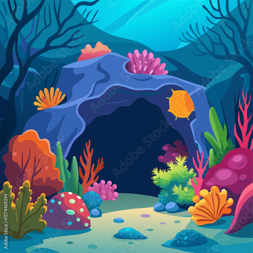 A colorful underwater scene with a cave in the middle. The cave is surrounded by a variety of colorful plants and sea creatures. Scene is vibrant and lively, with a sense of adventure and exploration
