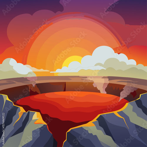 A drawing of a volcano with a red lava flow. The sky is orange and the sun is setting
