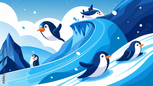 A group of penguins are sliding down a blue wave. The penguins are in the water and are having fun