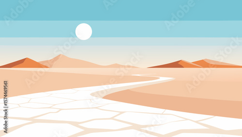 A desert landscape with a road that leads to the mountains. The sky is blue and the sun is shining