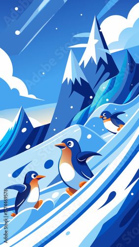 A group of penguins are sliding down a blue wave. The penguins are in the water and are having fun