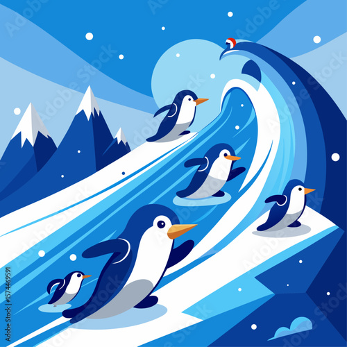 A group of penguins are sliding down a blue wave. The penguins are in the water and are having fun