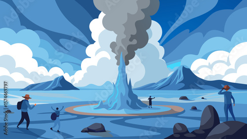 A group of people are walking towards a volcano. The volcano is spewing smoke and steam. The sky is cloudy and the landscape is rocky