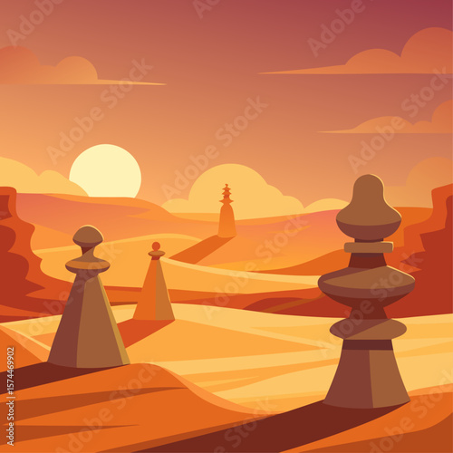 A tranquil desert scene with three stone pillars standing in the sand. The sun is setting in the background, casting a warm glow over the landscape. The scene is calm and serene, with the pillars