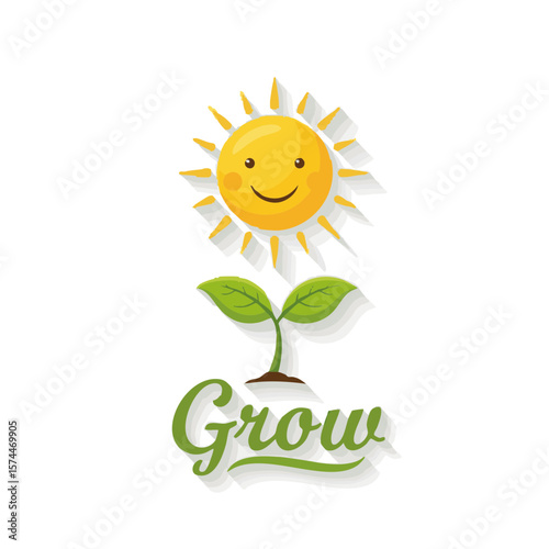 Sun and Sprout Badge Icon with 'Grow' Label in Flat Style