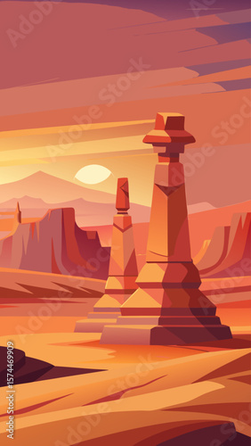 A tranquil desert scene with three stone pillars standing in the sand. The sun is setting in the background, casting a warm glow over the landscape. The scene is calm and serene, with the pillars