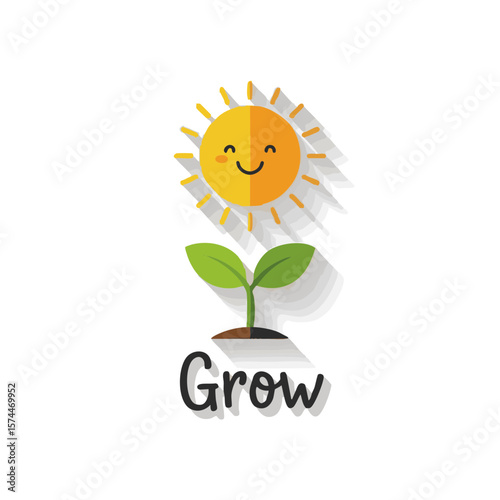 Sun and Sprout Badge Icon with 'Grow' Label in Flat Style