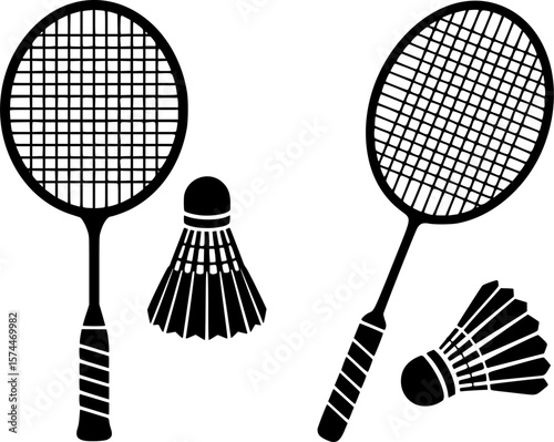 Sleek silhouette of badminton rackets and shuttlecocks for sports logos and branding