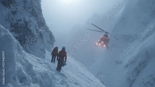 AI in disaster response with real-time AI in disaster response mapping and AI in disaster response for emergency rescue coordination Rescue helicopter flying in snowy mountain terrain.