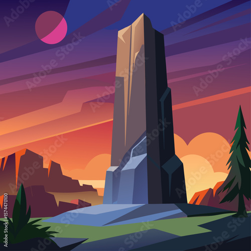 A large rock stands in the middle of a desert. The sky is dark and cloudy, and the sun is setting