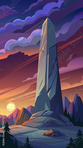 A large rock stands in the middle of a desert. The sky is dark and cloudy, and the sun is setting