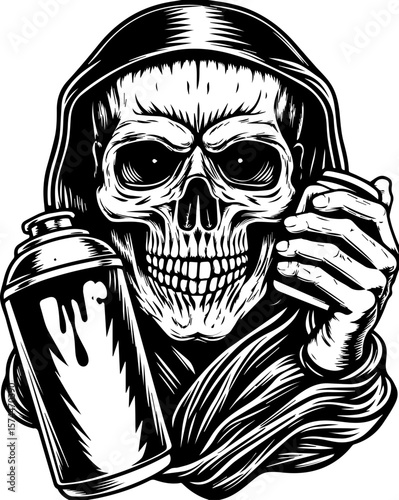 SVG of a graffiti-style skull head with bold urban flair. Grim Reaper Holding Spray Paint Can in Artistic Monochrome Design