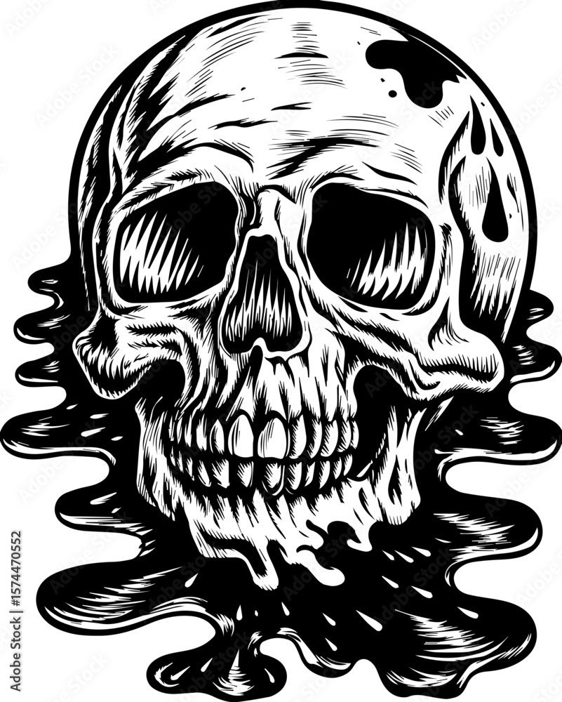 Fototapeta premium SVG of a graffiti-style skull head with bold urban flair. Intricate Monochrome Skull Design with Dripping Ink Effect