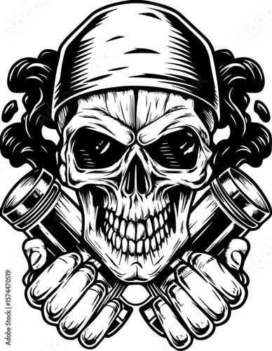 SVG of a graffiti-style skull head with bold urban flair. Skull with Bandana and Flashlights in Vintage Black and White Style
