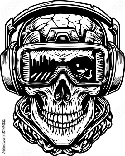 SVG of a graffiti-style skull head with bold urban flair. Skull with Headphones and Gaming Vision, Modern Art Design