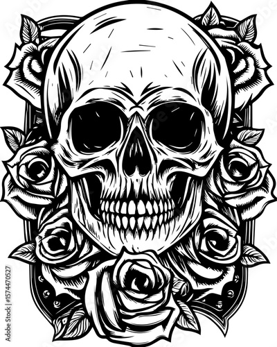 SVG of a graffiti-style skull head with bold urban flair. Skull with Roses Design for Tattoo or Graphic Art Inspiration