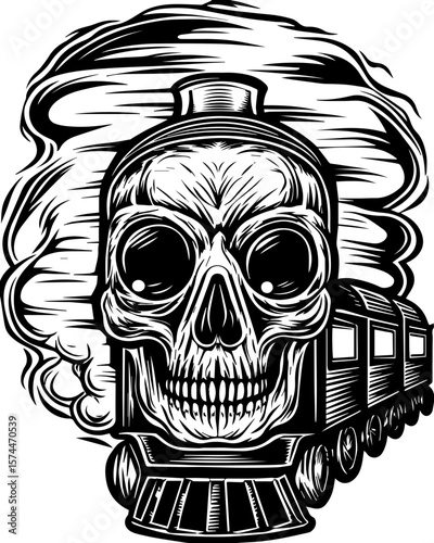 SVG of a graffiti-style skull head with bold urban flair. Skull Train with Dark Smoke Artistic Illustration for Halloween Design