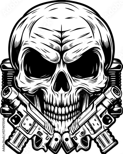SVG of a graffiti-style skull head with bold urban flair. Monochrome Skull Design with Guns and Intricate Details