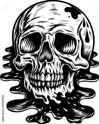 SVG of a graffiti-style skull head with bold urban flair. Intricate Monochrome Skull Design with Dripping Ink Effect