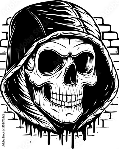 SVG of a graffiti-style skull head with bold urban flair. Fearsome Skull with Hooded Cloak Against Grungy Wall Background