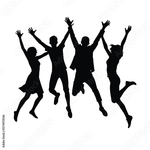 Silhouette of four young people jumping with joy on a white background group teens