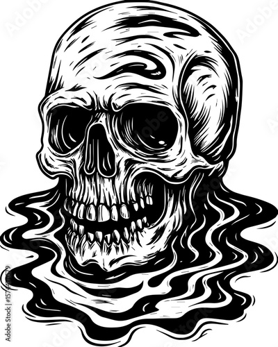 SVG of a graffiti-style skull head with bold urban flair. Intricate Black and White Illustration of a Skull with Flowing Details