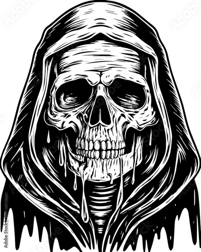 SVG of a graffiti-style skull head with bold urban flair. Grim Reaper Skull Illustration with Dripping Details in Black and White