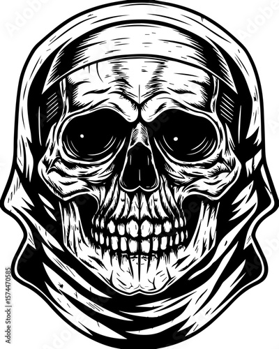 SVG of a graffiti-style skull head with bold urban flair. Realistic Skull Illustration with Hooded Cloak Graphic Design