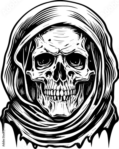 SVG of a graffiti-style skull head with bold urban flair. Detailed Vintage Skull Illustration with Hooded Figure in Black and White