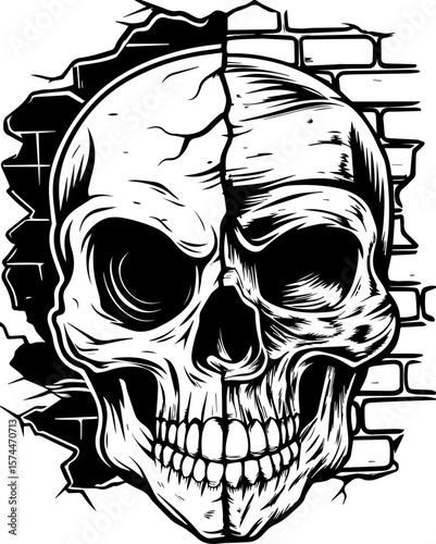 SVG of a graffiti-style skull head with bold urban flair. Skull Emerging from Cracked Wall in Bold Black and White Style