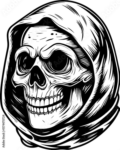 SVG of a graffiti-style skull head with bold urban flair. Grim Reaper Skull Design in Black and White Hand-Drawn Style