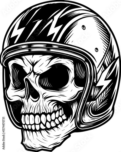 SVG of a graffiti-style skull head with bold urban flair. Skull Design with Helmet and Lightning Bolts for Graphic Use