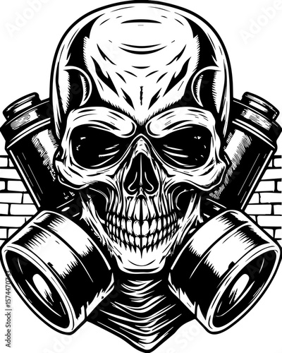 SVG of a graffiti-style skull head with bold urban flair. Detailed Skull Illustration with Gas Masks and Brick Wall Background