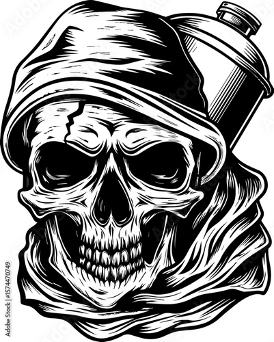 SVG of a graffiti-style skull head with bold urban flair. Grayscale Skull Design with Spray Can and Hooded Cloak Illustration