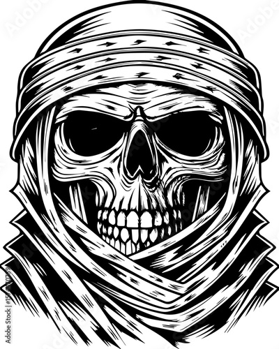 SVG of a graffiti-style skull head with bold urban flair. Intricate Skull Design with Scarf and Shadowy Details in Black and White