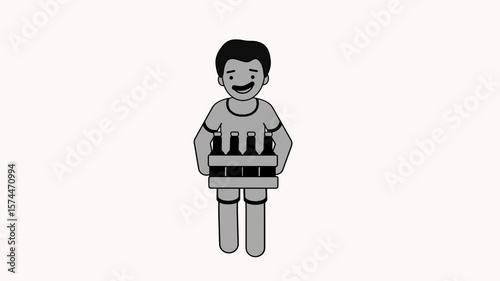 Minimal loop animation of a smiling man with mustache carrying a beverage crate – cartoon-style in grey tones on alpha background. Represents daily chores, delivery, or work scenes.