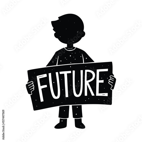 Silhouette of a person holding a sign with the word F U T U R E and scattered dots future