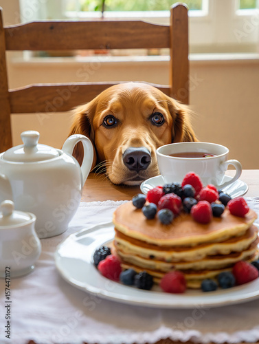 A golden retriever dog looks at a stack of pancakes