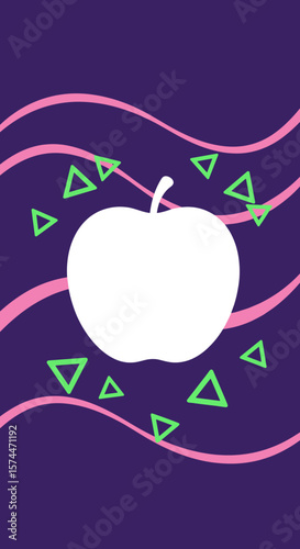 Apple silhouette on deep purple background with playful patterns and colorful accents, with copy space
