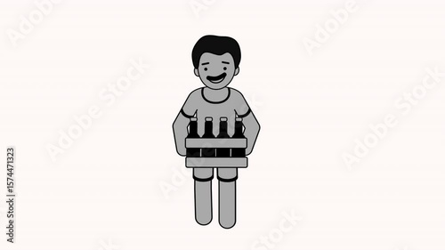 Minimal loop animation of a smiling man with mustache carrying a beverage crate – cartoon-style in grey tones on alpha background. Represents daily chores, delivery, or work scenes.