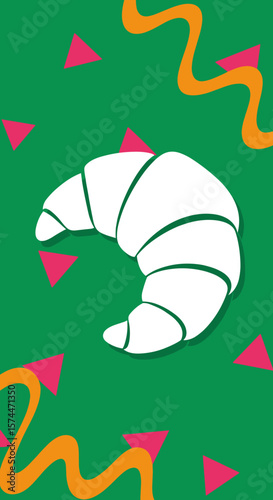 Croissant silhouette on vibrant green background with playful patterns and copy space
