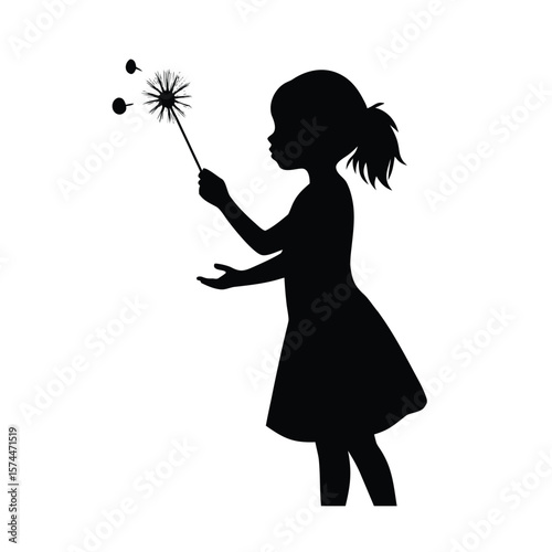 Silhouette of a young girl blowing a dandelion on a white background child