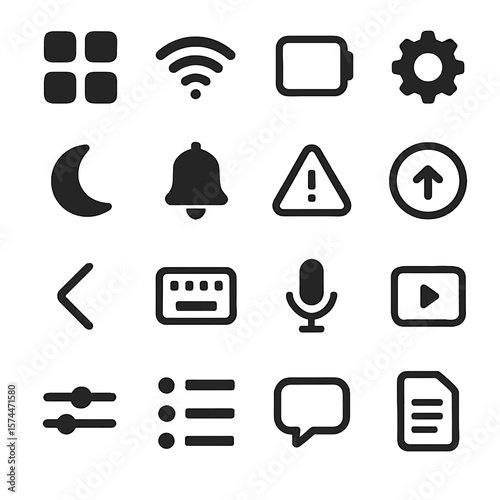 Collection of sixteen distinct black glyph icons representing various functions and settings