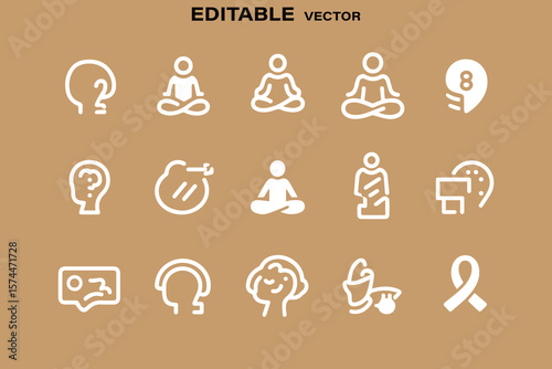 Collection of white line art icons representing mental health awareness meditation and well being against a tan background