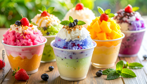 Colorful shaved ice desserts outdoors.