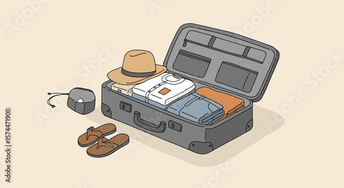 Open suitcase packed with clothes, a hat, sandals, and a small bag