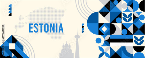 Colorful Geometric Estonia Banner with Cultural Symbols and Flag Elements