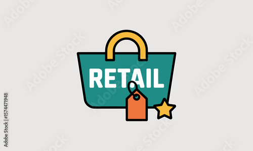 Shopping Bag with Retail Text, Tag, and Star Symbol for Commerce.