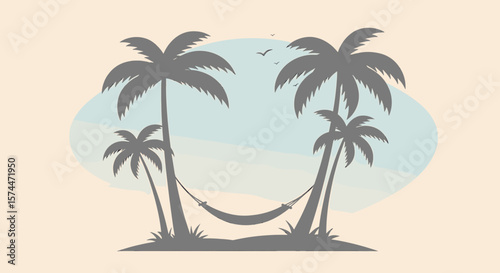 Serene Tropical Scene: Palm Trees, Hammock, and Soaring Birds Silhouette.