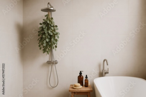 Modern and minimalist bathroom with eucalyptus branches hanging in the shower and beauty products on a wooden stool